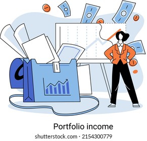 Investment portfolio income dollars currency, buy sell trading, market exchange value metaphor, businessman investor or trader balance portfolio with coins. Financiers analyzing stock market profit