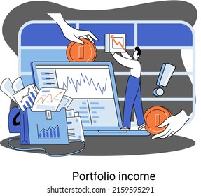 Investment portfolio income dollars currency, buy sell trading, market exchange value metaphor, businessman investor or trader balance portfolio with coins. Financiers analyzing stock market profit