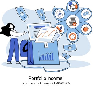 Investment portfolio income dollars currency, buy sell trading, market exchange value metaphor, businessman investor or trader balance portfolio with coins. Financiers analyzing stock market profit