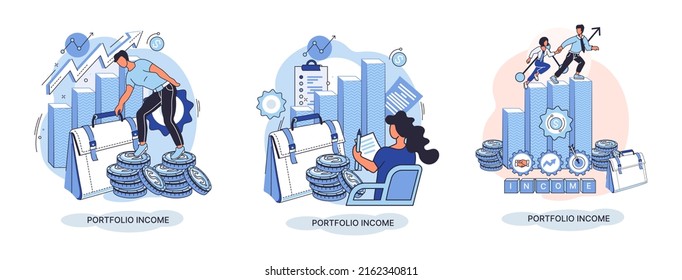 Investment portfolio income dollars currency, buy sell trading, market exchange value metaphor, businessman investor or trader balance portfolio with coins. Financiers analyzing stock market profit