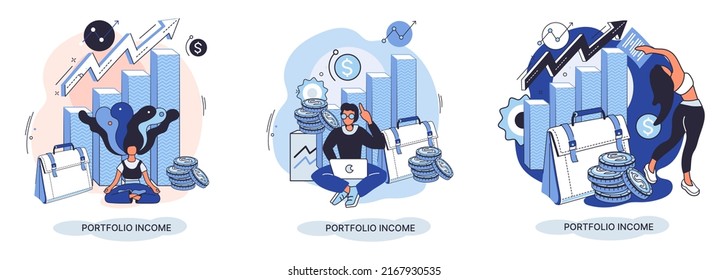 Investment portfolio income dollars currency, buy sell trading, market exchange value metaphor, businessman investor or trader balance portfolio with coins. Financiers analyzing stock market profit