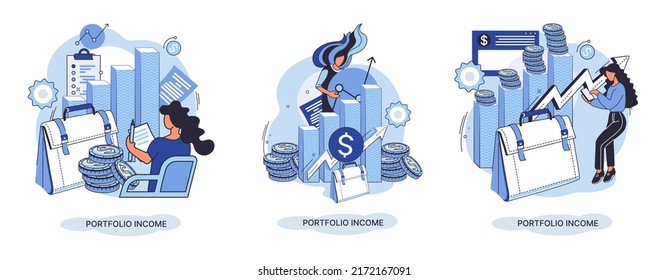 Investment portfolio income dollars currency, buy sell trading, market exchange value metaphor, businessman investor or trader balance portfolio with coins. Financiers analyzing stock market profit