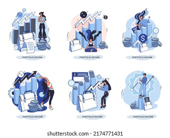 Investment portfolio income dollars currency, buy sell trading, market exchange value metaphor, businessman investor or trader balance portfolio with coins. Financiers analyzing stock market profit