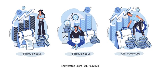 Investment portfolio income dollars currency, buy sell trading, market exchange value metaphor, businessman investor or trader balance portfolio with coins. Financiers analyzing stock market profit