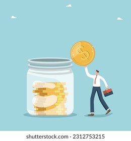 Investment portfolio, innovation and savings, increase in income, profit from stocks and deposits, financial and economic growth, success in wealth management, a man throws a coin into a jar of coins.