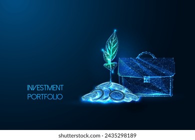 Investment Portfolio, Portfolio Performance futuristic concept with sprout growing of coins pile and brieafcase symbols in glowing low polygonal style on blue background. Abstract vector illustration.