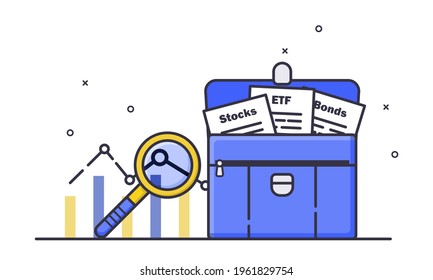 Investment portfolio with securities, a magnifying glass, and a chart. The concept of investment and profit analysis. Color vector illustration of a flat outline style. White isolated background.