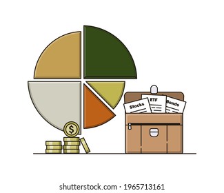 Investment portfolio with securities, pie chart, and stack of coins. The concept of defirtification, rebalancing, and asset allocation in portfolio. Color vector illustration of flat outline style.