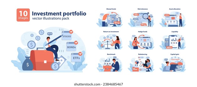 Investment portfolio set. Diverse financial themes showcased. Mutual funds, risk tolerance, asset allocation. Liquidity, hedge funds, return on investment. Capital gain, benchmark insights