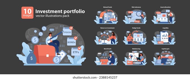 Anlageportfolio-Set. Verschiedene Finanzthemen wurden vorgestellt. Gegenseitige Fonds, Risikotoleranz, Vermögenszuweisung. Liquidität, Hedgefonds, Kapitalrendite. Kapitalgewinn, Benchmark-Einblicke