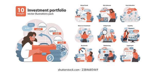 Anlageportfolio-Set. Verschiedene Strategien in der Finanz- und Vermögensverwaltung. Aktien, Gold, Immobilienentscheidungen. Kapitalrendite, Hedgefonds-Dynamik. Flache Vektorgrafik.