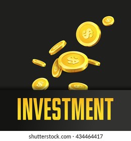 Investment poster or banner design template with golden coins and copy space for text. Vector illustration. Money making. Finance. Gold and black colors. Business finance vector background.