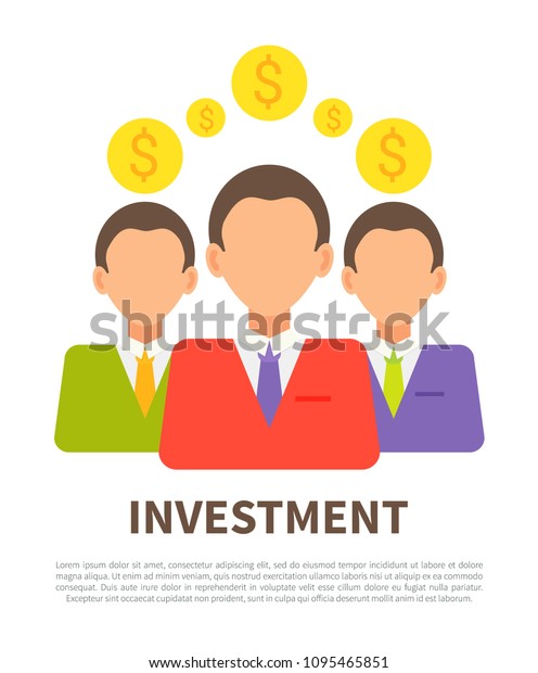 Investment poster with businessmen coins icons,
abstract money exchanging process vector illustration text sample
and finance of successful
people