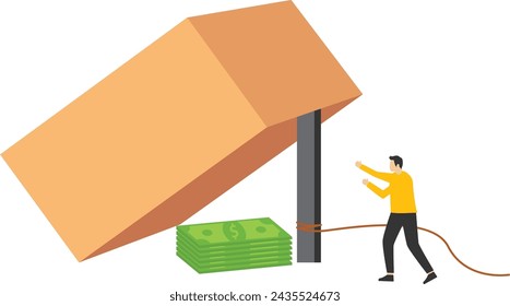 investment problem concept. Money trap to lure greedy people, businessmen get into wooden box trap to get dollar banknotes. illegal investment scams, financial scams, risky businesses, dubious project