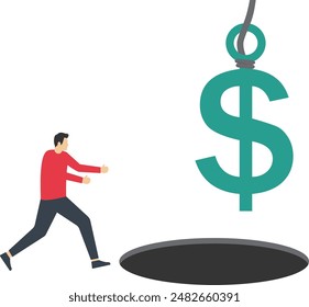 investment problem concept. Money traps lure greedy people, and businessmen get into wooden box traps to get dollar banknotes. illegal investment scams, financial scams, risky businesses, and dubious 