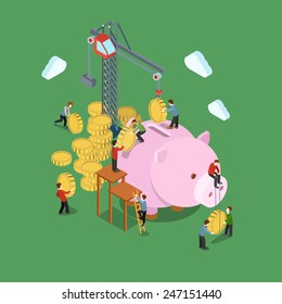 Investment process concept flat 3d web isometric infographic vector. Crane and people put in coins to moneybox. Creative people financial monetary piggy bank savings collection.