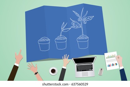 investment process plan concept illustration with team mange on blueprint with plant grow