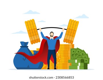 Investment professional or financial literacy, effort to earn more money or fundraising concept, investment expert or wealth manager, confident businessman superhero holding up big money coins.