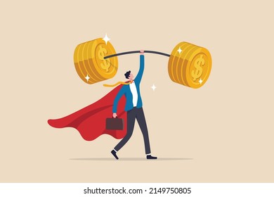 Investment professional or financial literacy, investing expert or wealth manager, effort to earn more money or fund profit concept, confidence businessman superhero lift up heavy money coins weight.