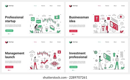 Investment in professional startup, launch of financial project and strategy ideas set vector illustration. Cartoon tiny people work with statistics of candlestick market report charts, trading