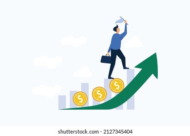 Investment profit and earning, stock market growth or fund flow depend on interest rate and inflation concept, businessman investor, fund manager holding flag lead money coins running up rising graph.