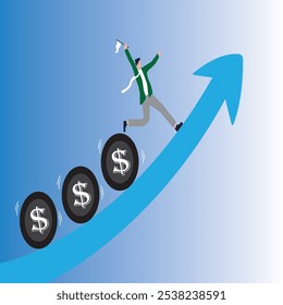 Investment profit and earning, stock market growth or fund flow depend on interest rate and inflation concept, businessman investor, fund manager holding flag lead money coins running up rising graph