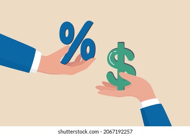 Investment profit earnings, interest rate or dividends percentage, offer discount or sale, income tax or make money concept, businessman hand offer percentage sign with other giving dollar money.