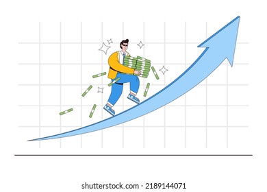 Investment profit growing, stock market growth, earn more income, increase wealth or financial, raise revenue, inflation concepts. Fund manager hold pile of money and running up on rising graph arrow.