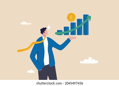 Investment profit growth, financial advisor or wealth management, make money to get rich or increase earning or income concept, confidence businessman investor holding big rising profit growth graph.