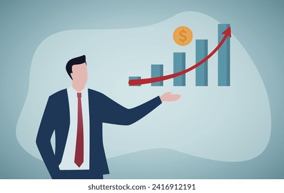 Investment profit growth, financial advisor or wealth management, make money to get rich or increase earning or income concept, confidence businessman investor holding big rising profit growth graph.