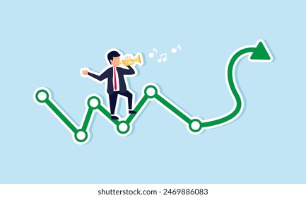 Investment profit growth, monetary policy control, market domination or manipulation, concept of Smart businessman playing flute to charm investment graph arrow up