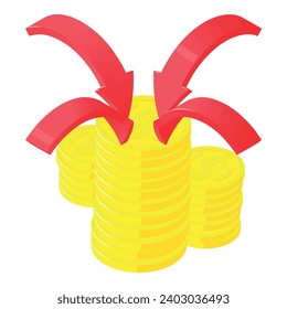Investment profit icon isometric vector. Four arrow directed to gold coin stack. Finance, profit, income