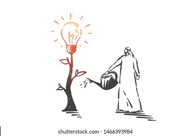 Investment, profit, idea, innovation, growth concept sketch. Muslim man watering tree with lamp at top. Hand drawn isolated vector illustration