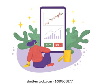 Investment profit. Invest application. Young woman sitting on the floor and wants to buy or sell company's bonds. Stock market  boom. Grow in equity prices. Vector flat illustration.
