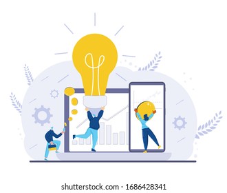 Investment profit. Minor shareholders getting money. Crowdfunding and starting business campaign. Tiny people with huge coins, bulb, graph on computer's and phones screen. Vector flat concept.