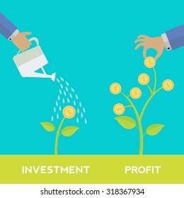 Investment and profit represented by hands watering and picking money plants vector concept