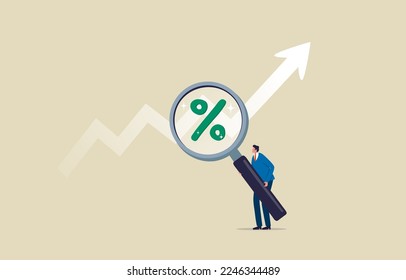 Investment profit. Sales growth rate. An increase in the stock price. Business, Company, Funds, gold. Businessman using magnifying glass with rising graph. Illustration