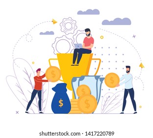 Investment Profit Strategy Vector Illustration. Man with Laptop is Sitting Gold Cup Winner. Business Partners Bring Money into Overall Project. Collection an Investment Fund Cartoon.