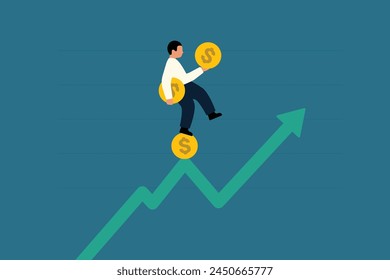  Investment profits.  Consistent Investment Strategy for Long term Wealth Accumulation. 
Investor, businessman holding a coin walking on an ascending graph. Vector Illustration