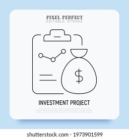 Investment project thin line icon. Graph of growth on clipboard and bag of gold. Pixel perfect, editable stroke. Vector illustration.