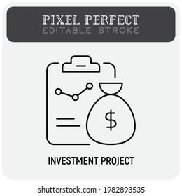 Investment project thin line icon. Graph of growth on clipboard and bag of gold. Pixel perfect, editable stroke. Vector illustration.