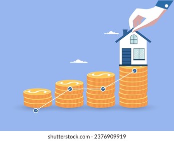 Investment for real estate concept, Businessman's hand putting house icon on top of coins stack and progressing graph, Savings money for buy house, budgeting, investment for the future. vector 