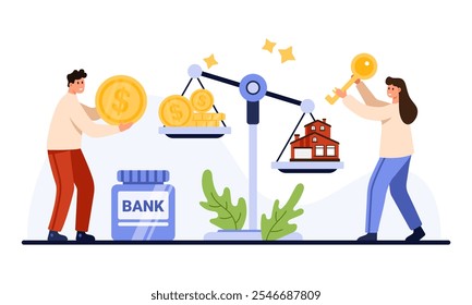 Investment in real estate, payment of mortgage, purchase of family home on credit. Tiny people pay gold coins from individual bank balance, money and house on scales cartoon vector illustration