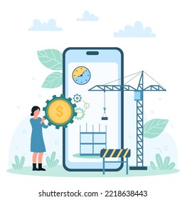 Investment in real estate and property, housing business vector illustration. Cartoon tiny woman holding gold coin inside gear, owner investing in building of new house, using construction crane