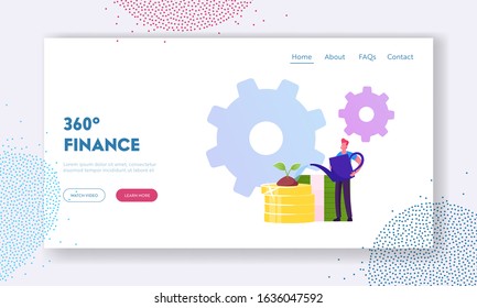Investment, Refinance Debt, Income Website Landing Page. Business Man Watering Plant Growing on Golden Coins Pile with Cogwheels around. Money Wealth Web Page Banner. Cartoon Flat Vector Illustration