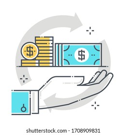 Investment related color line vector icon, illustration. The icon is about earnings, finance, hand, money, pay, refund, revenue. The composition is infinitely scalable.