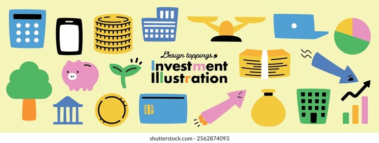 Investment related money icon illustrations_coins, bills, company, laptop, bag, piggy bank, etc.	