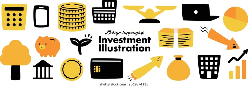 Investment related money icon illustrations_coins, bills, company, laptop, bag, piggy bank, etc.
