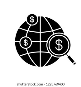 Investment research glyph icon. Crowdfunding. International investing and financing. Global trade, investment and development. Silhouette symbol. Negative space. Vector isolated illustration