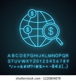 Investment research neon light icon. Crowdfunding. International investing and financing. Global trade, investment and development. Glowing sign with alphabet, numbers. Vector isolated illustration